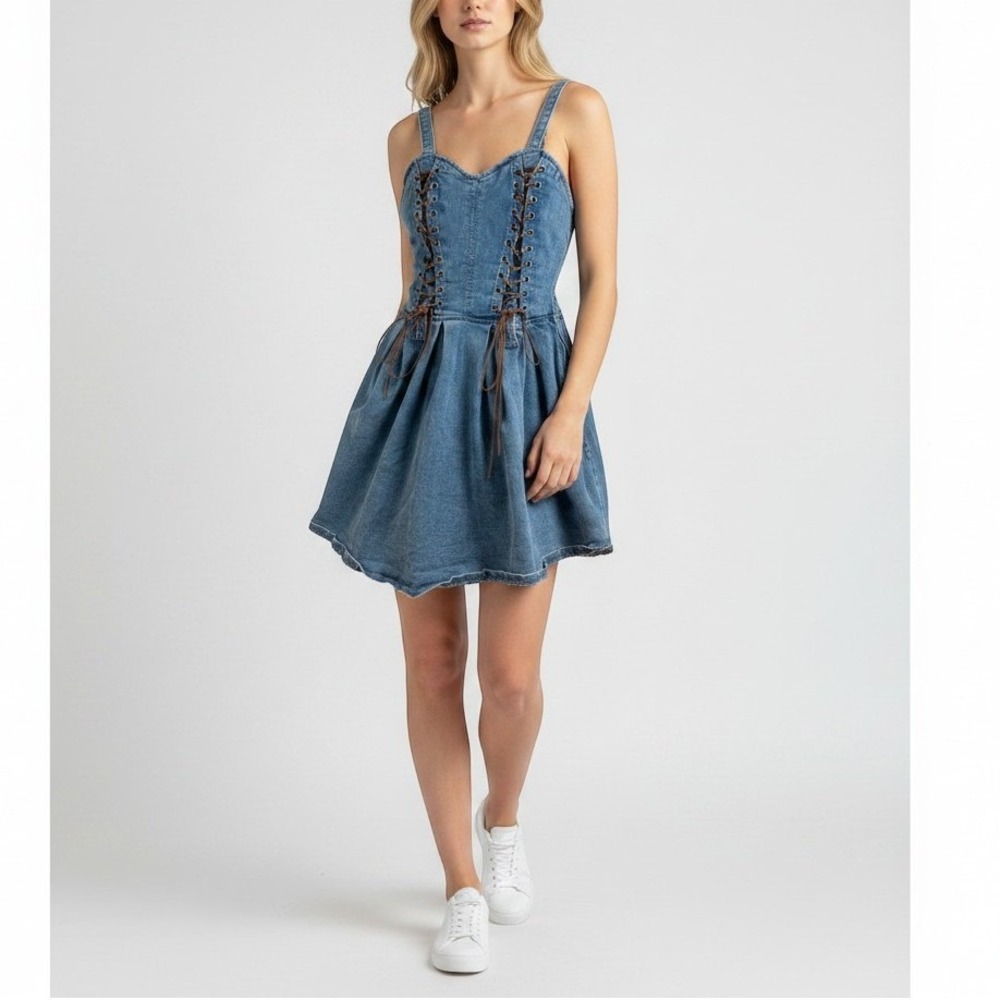 Social Collision Denim Dress Women Small Blue Lace Up Corset Fit Flare Mini